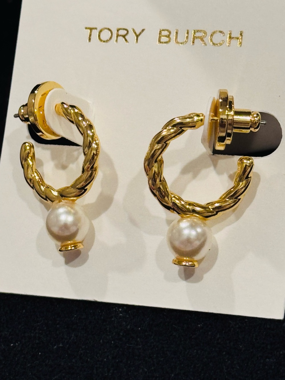 NWT Tory Burch Gold Twisted Rope Pearl Drop Hoop Earrings